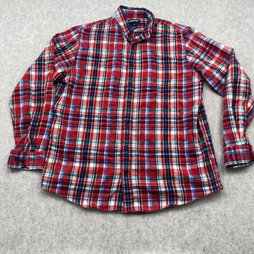 Lands' End Shirt Mens LT Red Plaid Flannel Button Up Long Sleeve Casual
